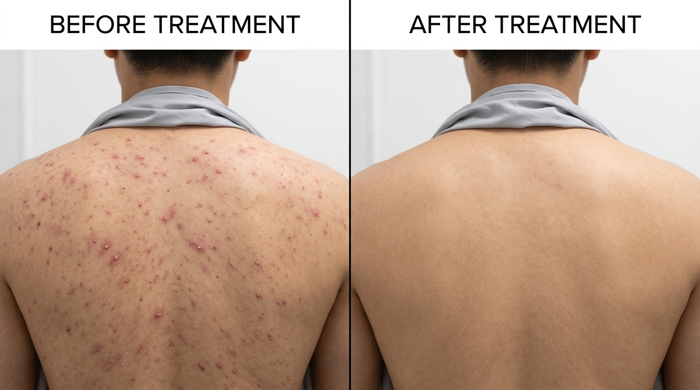 Before and after photo showing clear back skin following back acne treatment at Skin Esthetics Clinic Romford