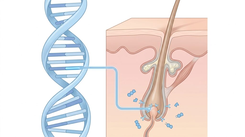 Medical illustration showing genetic DNA link to hair follicle DHT sensitivity causing androgenetic alopecia treated at Skin Esthetics Clinic Romford