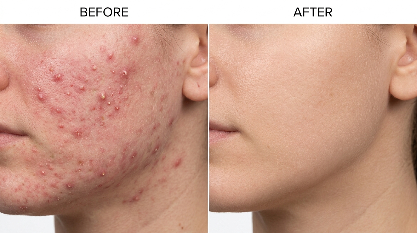 Close-up before and after showing improved skin texture and refined pores after acne treatment in Romford