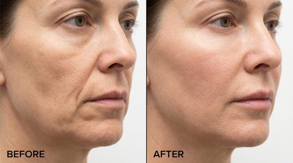 Before and after dermal filler treatment showing restored cheek volume and reduced nasolabial folds at Skin Esthetics Clinic Romford