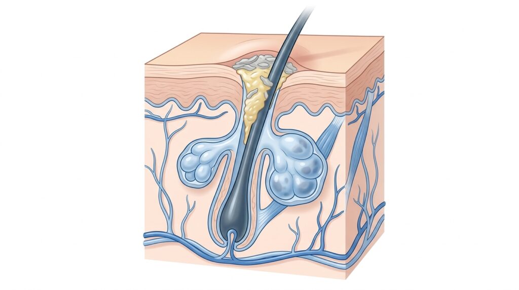 Medical illustration showing bacteria inside blocked hair follicle causing inflammation and acne breakouts