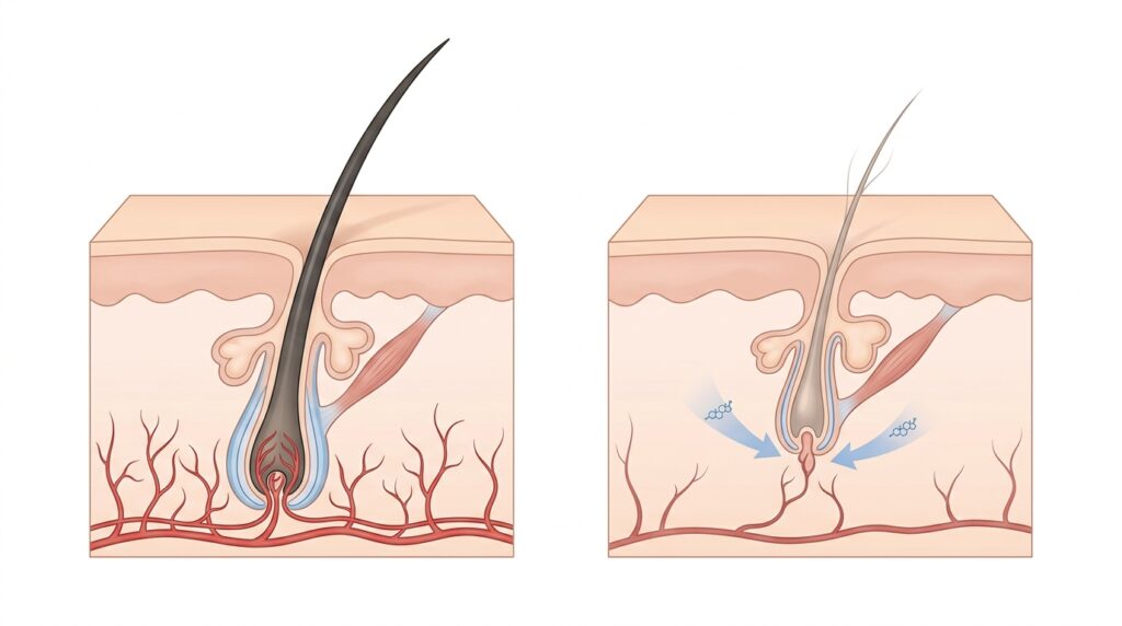 Medical illustration showing hormonal imbalance causing hair follicle miniaturisation and thinning treated at Skin Esthetics Clinic Romford