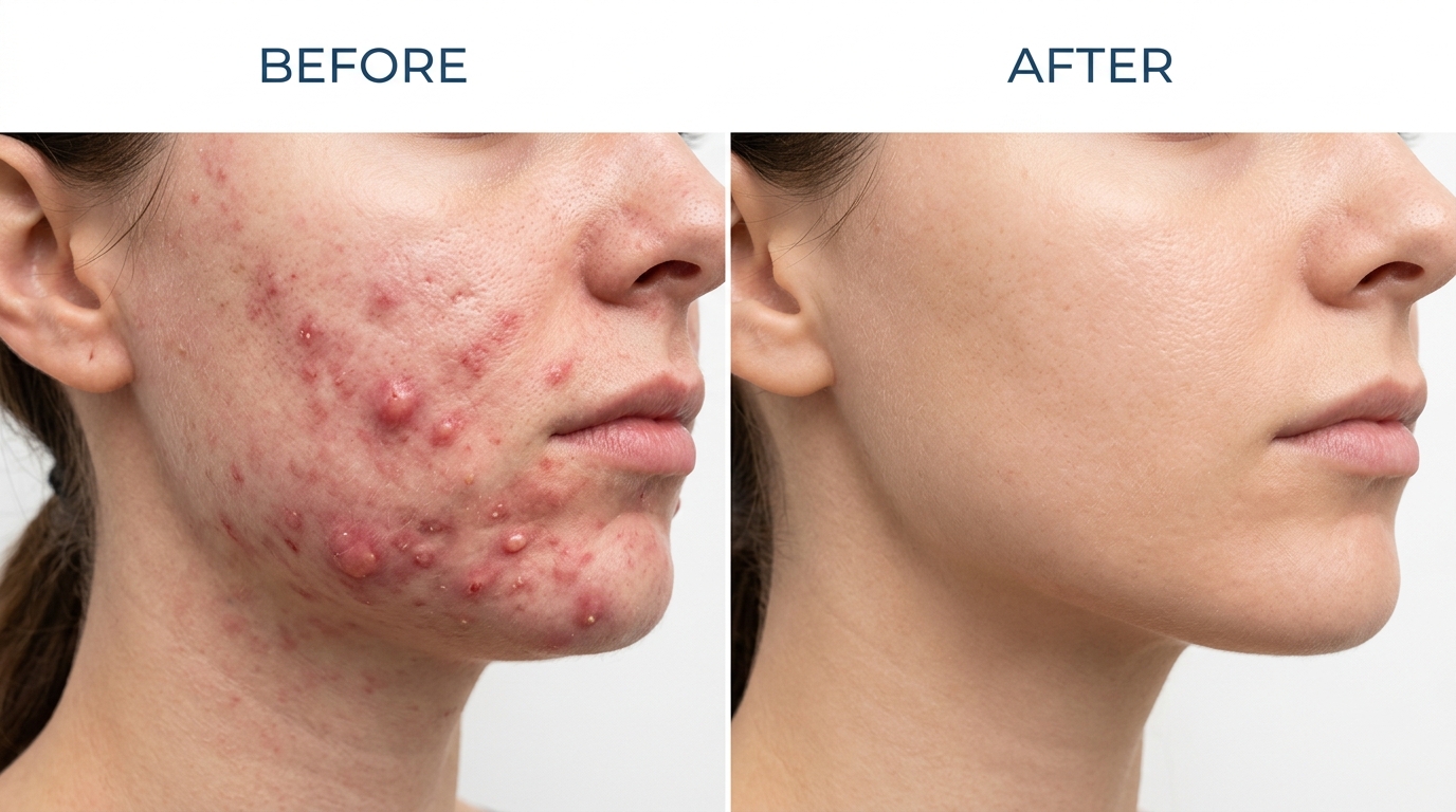 Before and after photo showing clear jawline following hormonal acne treatment at Skin Esthetics Clinic Romford