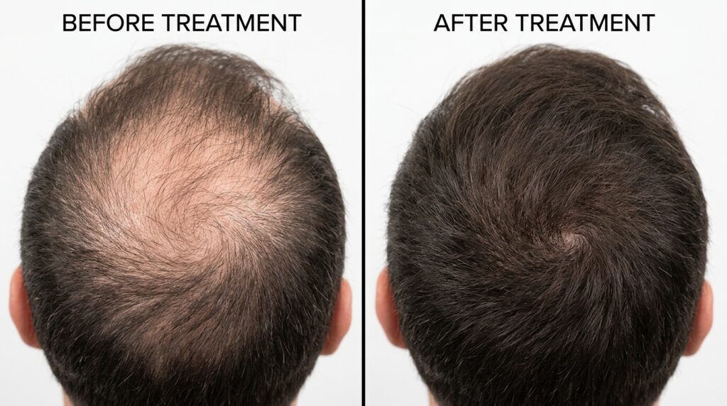 Before and after trichology treatment results showing improved male crown hair density at Skin Esthetics Clinic Romford