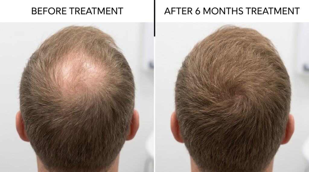 Before and after trichology treatment showing improved female hair density and parting at Skin Esthetics Clinic Romford