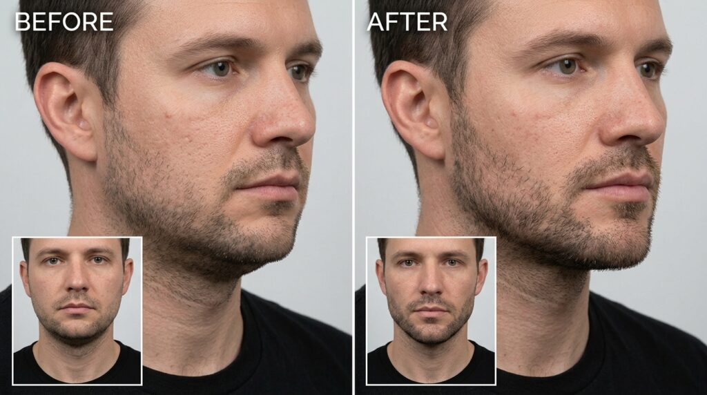 Real clinical before and after showing improved jawline definition and chin projection after male dermal filler treatment at Skin Esthetics Clinic Romford