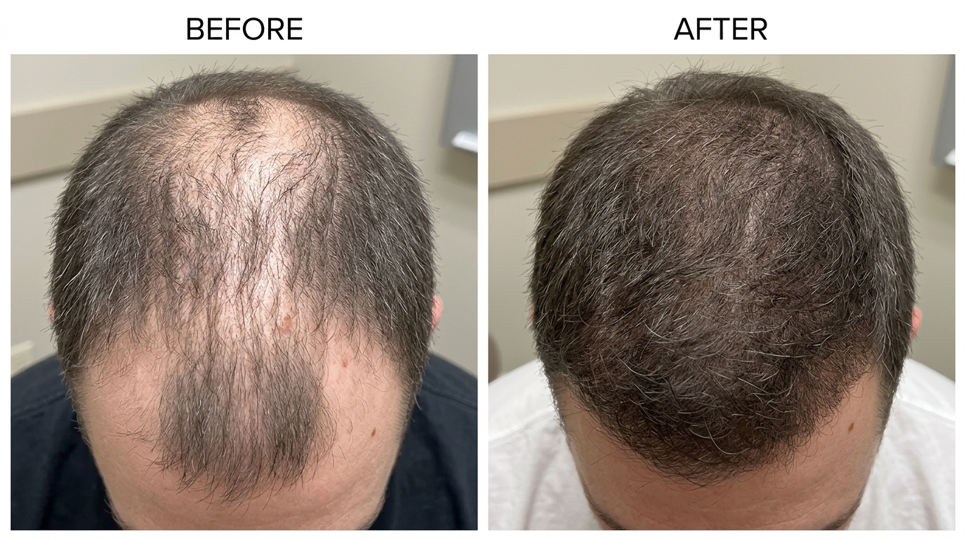 Real clinical before and after photo showing improved male crown hair density after hair thinning treatment at Skin Esthetics Clinic Romford