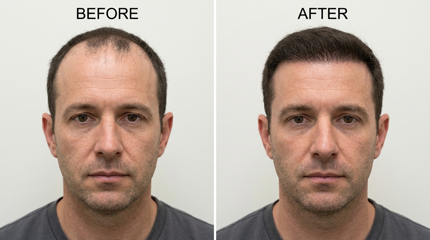 Real clinical before and after photo showing improved male hairline and temple density after hair thinning treatment at Skin Esthetics Clinic Romford