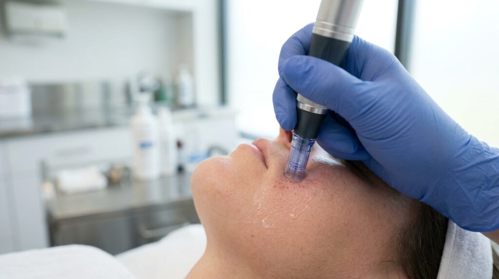 Aesthetic practitioner performing microneedling collagen induction therapy on facial skin at Skin Esthetics Clinic Romford