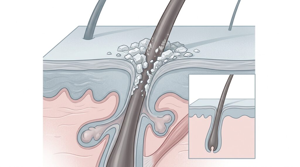 Medical illustration showing hard water mineral deposits blocking scalp follicles and causing hair loss in Romford treated at Skin Esthetics Clinic