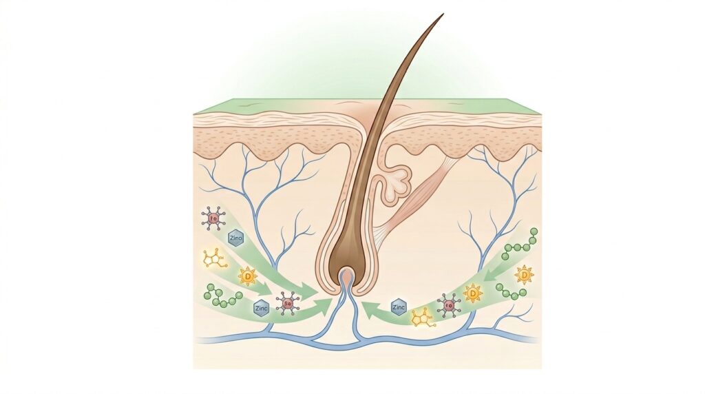 Medical illustration showing key nutrients iron zinc biotin and vitamin D supporting hair follicle health at Skin Esthetics Clinic Romford
