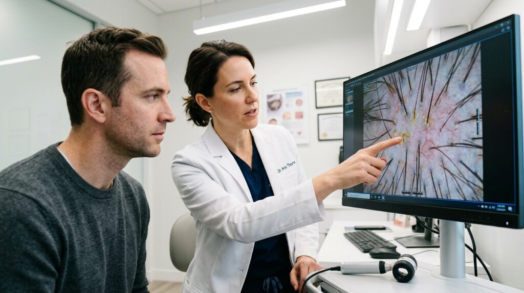 Trichoscopy analysis of scalp showing follicles, sebum levels, and inflammation for accurate diagnosis.