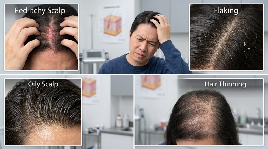 Signs of scalp problems including persistent itching, flaking, oiliness, and hair thinning that require professional clinical assessment.