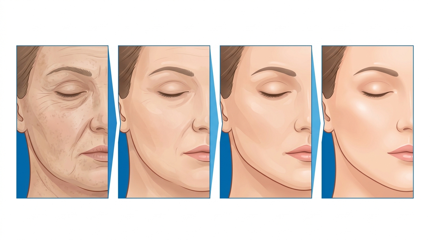 Medical illustration showing skin improvement timeline and expected results from anti aging treatments at Skin Esthetics Clinic Romford