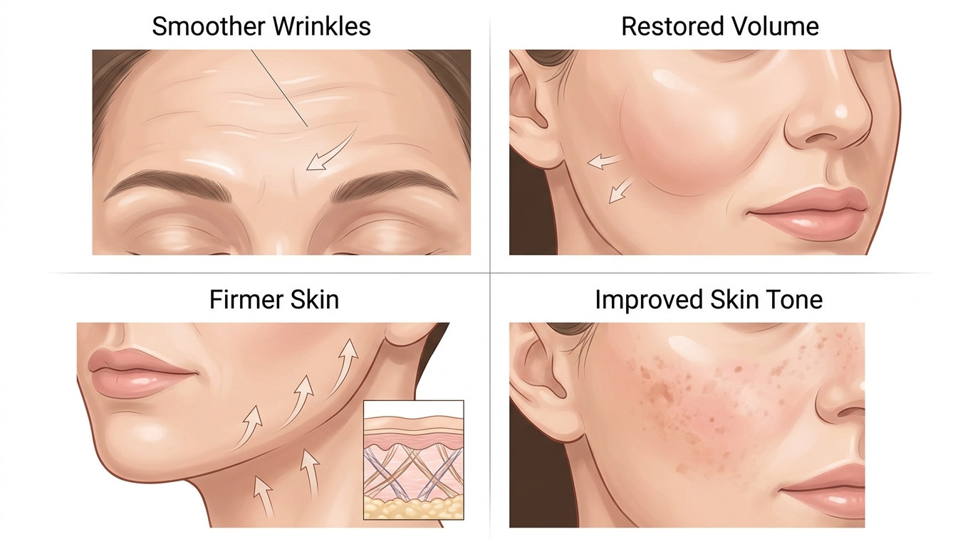 Medical concept showing multiple anti aging treatment outcomes including smoother skin restored volume and improved skin tone at Skin Esthetics Romford