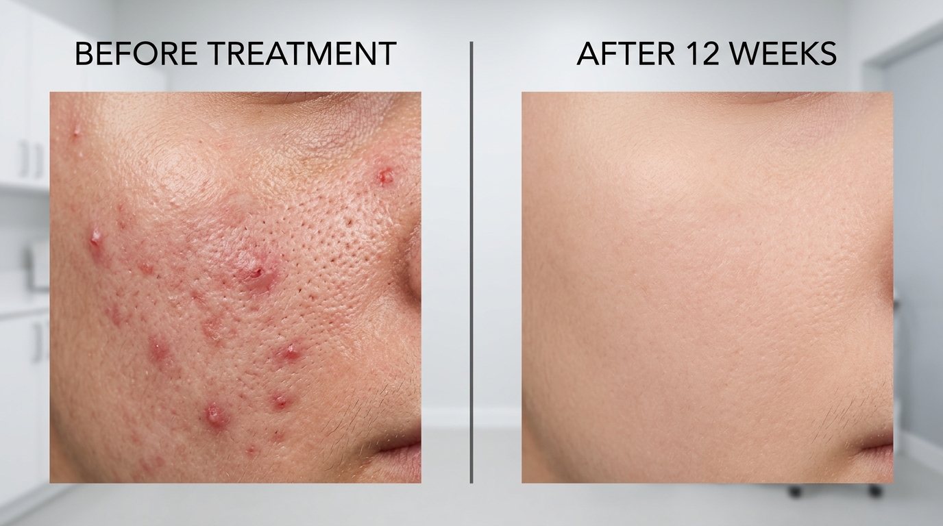 Before and after clinical photo showing clear skin following acne treatment at Skin Esthetics Clinic Romford