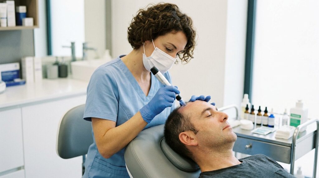 Microneedling on the scalp to stimulate collagen, improve circulation, and enhance hair growth.