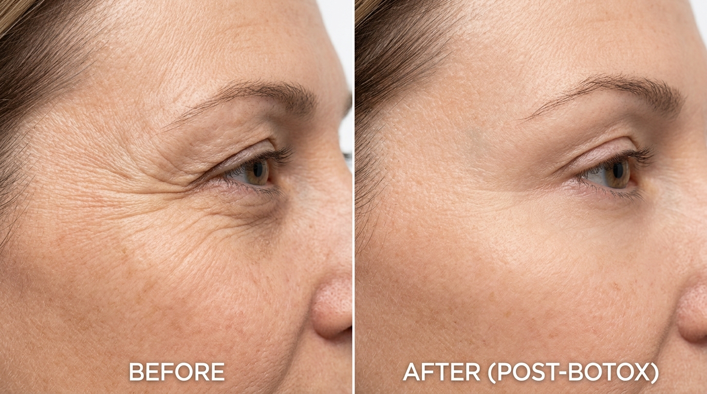 Before and after botox treatment showing reduced crow's feet lines at outer eye area at Skin Esthetics Clinic Romford