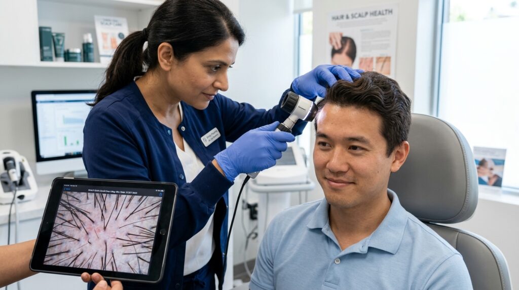Trichologist performing a clinical scalp assessment using a dermatoscope to diagnose hair and scalp conditions.