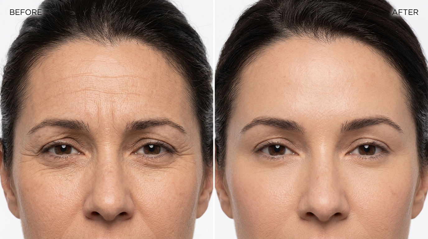Before and after botox treatment showing smoothed forehead lines and frown lines at Skin Esthetics Clinic Romford