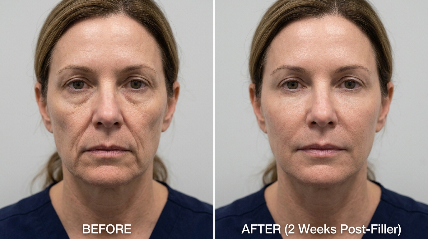 Real clinical before and after showing softened nasolabial folds after dermal filler treatment at Skin Esthetics Clinic Romford