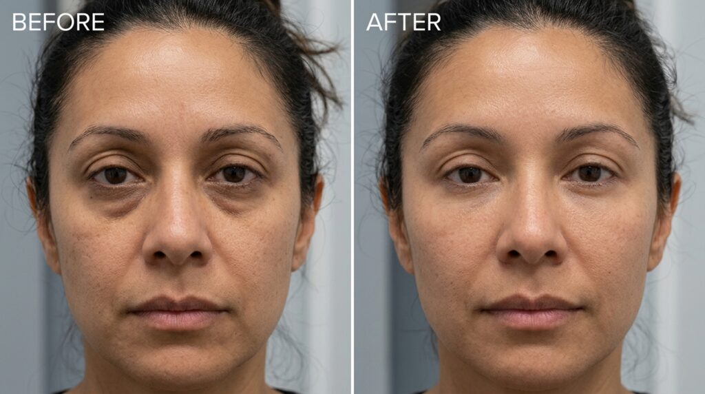 Real clinical before and after showing reduced tear trough hollowing and improved under eye appearance after filler treatment at Skin Esthetics Clinic Romford