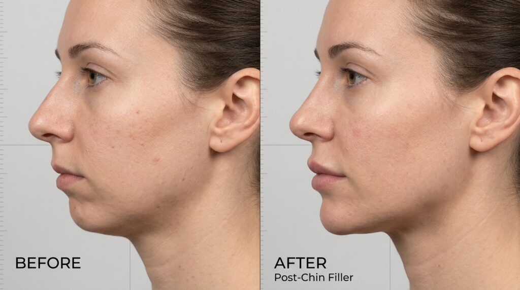 Real clinical before and after showing improved chin projection and balanced facial profile after chin filler treatment at Skin Esthetics Clinic Romford