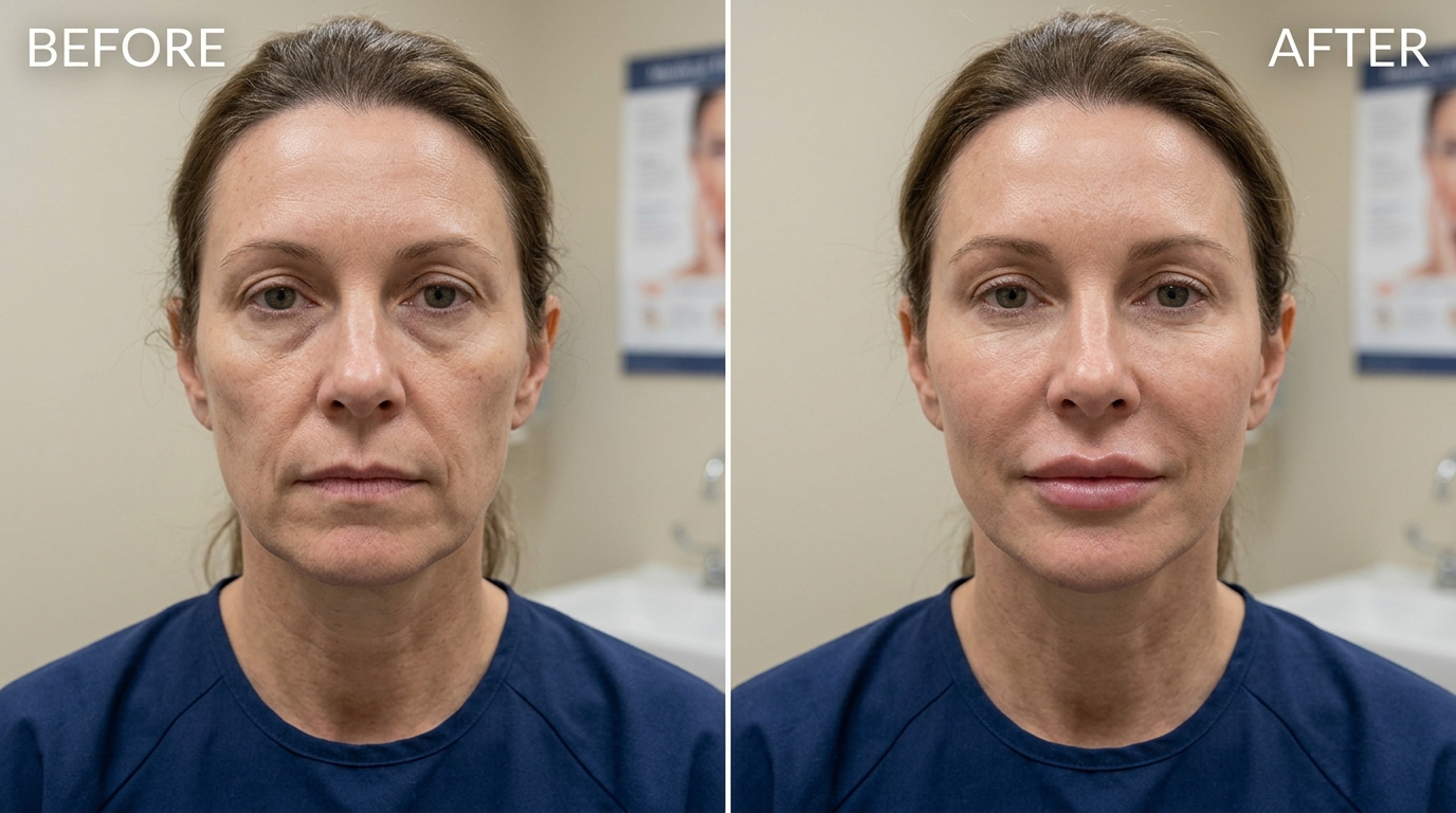 Real clinical before and after showing comprehensive facial rejuvenation after dermal filler treatment at Skin Esthetics Clinic Romford