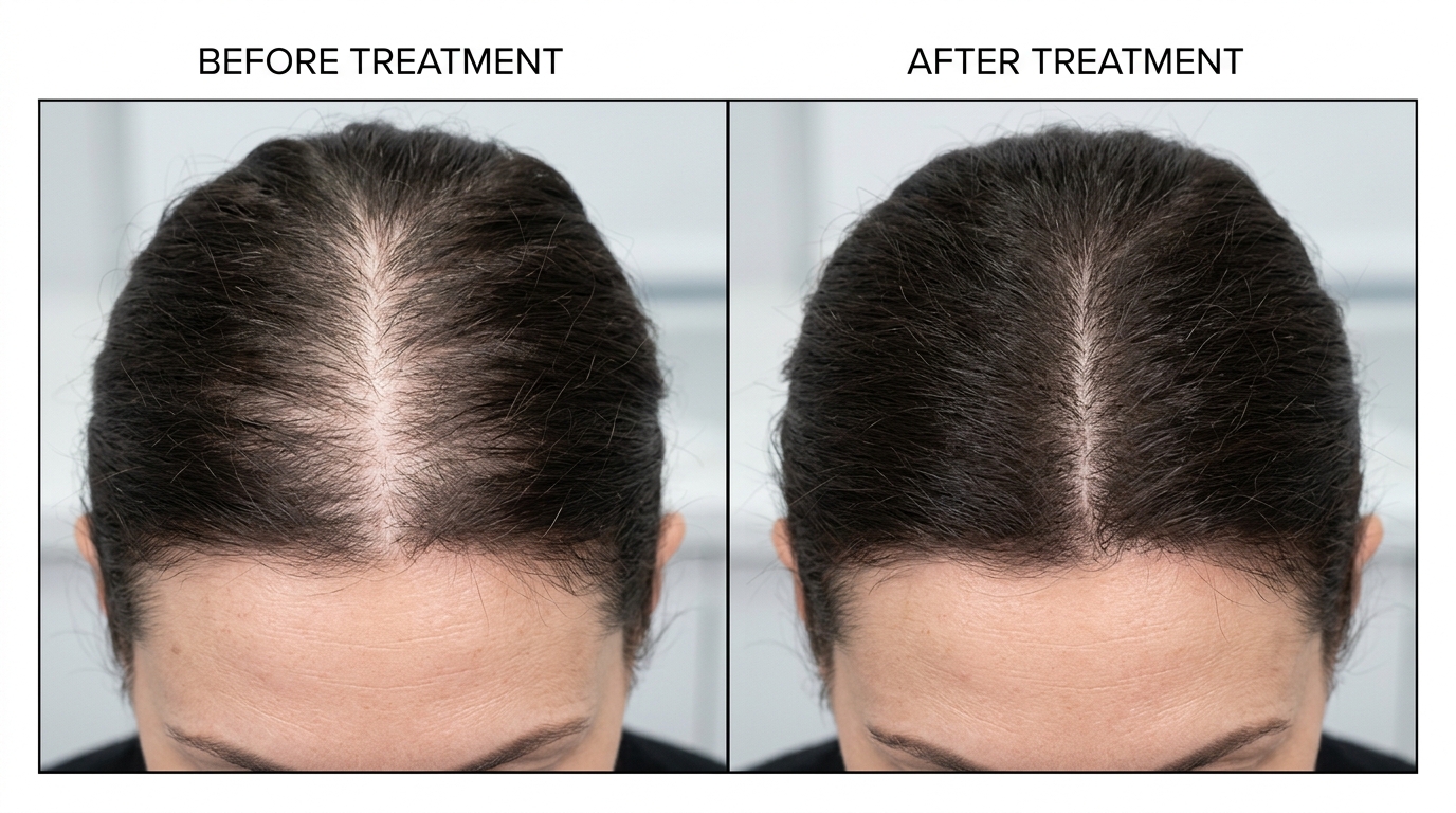Real clinical before and after photo showing improved female hair density and parting after hair thinning treatment at Skin Esthetics Clinic Romford