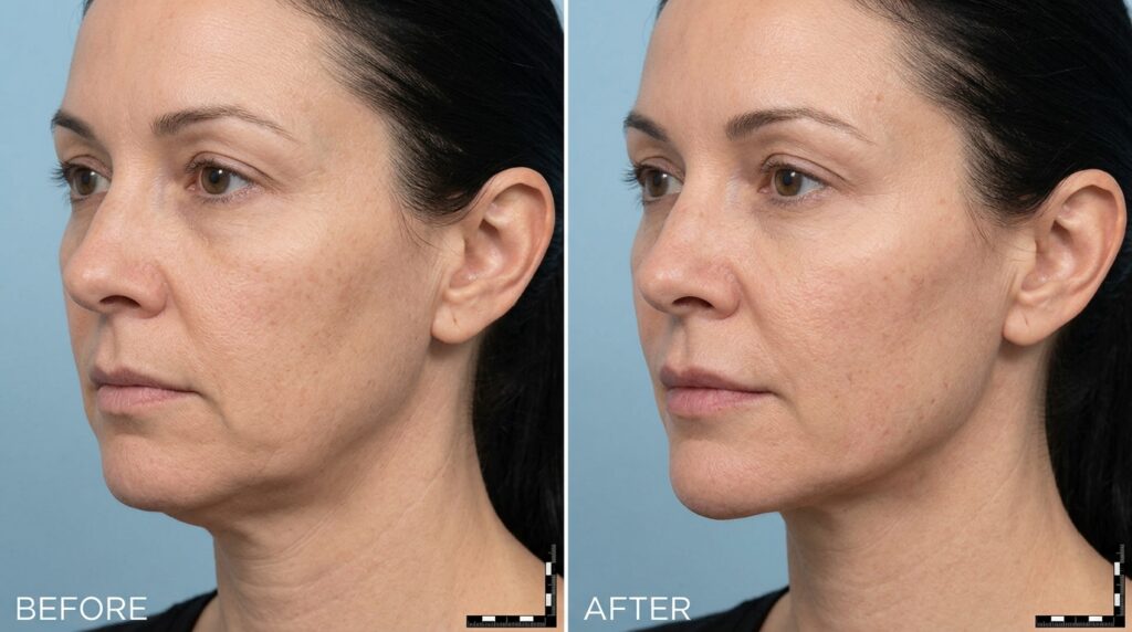 Real clinical before and after showing defined sharp jawline after jawline filler treatment at Skin Esthetics Clinic Romford