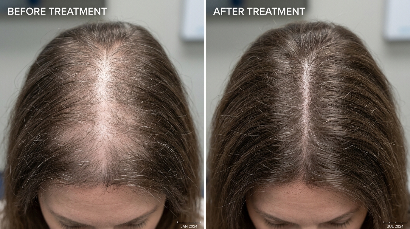 Real clinical before and after photo showing improved hair density after menopause hair thinning treatment at Skin Esthetics Clinic Romford
