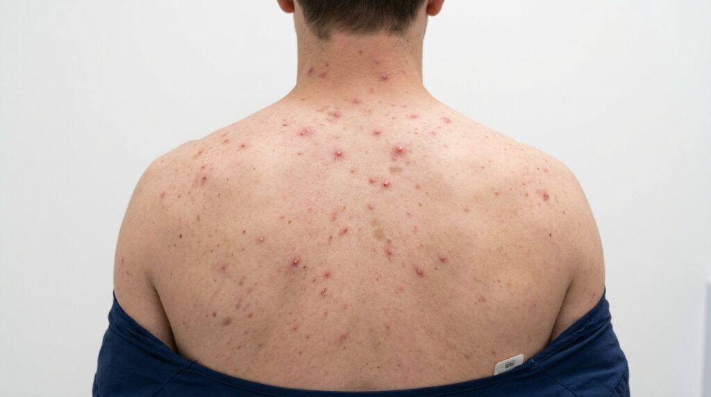 Medical illustration showing back acne breakout areas across upper back and shoulders treated in Romford