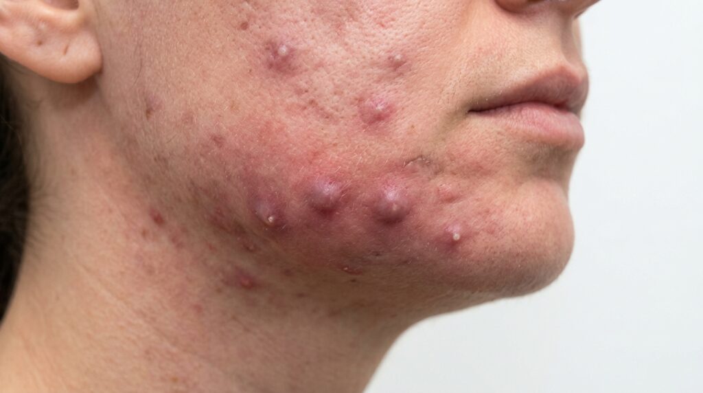 Close-up of deep inflamed cystic acne lesions on jawline skin treated at Skin Esthetics Clinic Romford