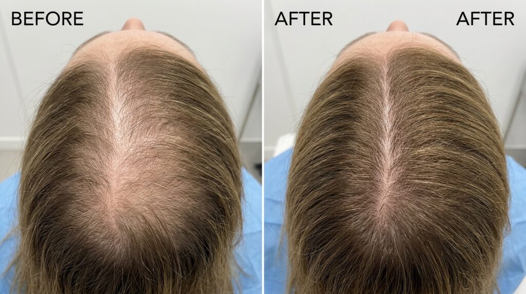 Before and after photo showing female pattern hair loss treatment in Romford with visible improvement in hair density and parting
