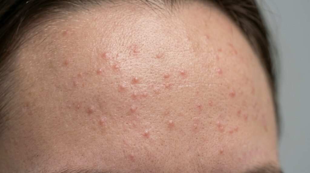 Clinical photo of fungal acne breakout pattern on chest skin treated at Skin Esthetics Clinic Romford