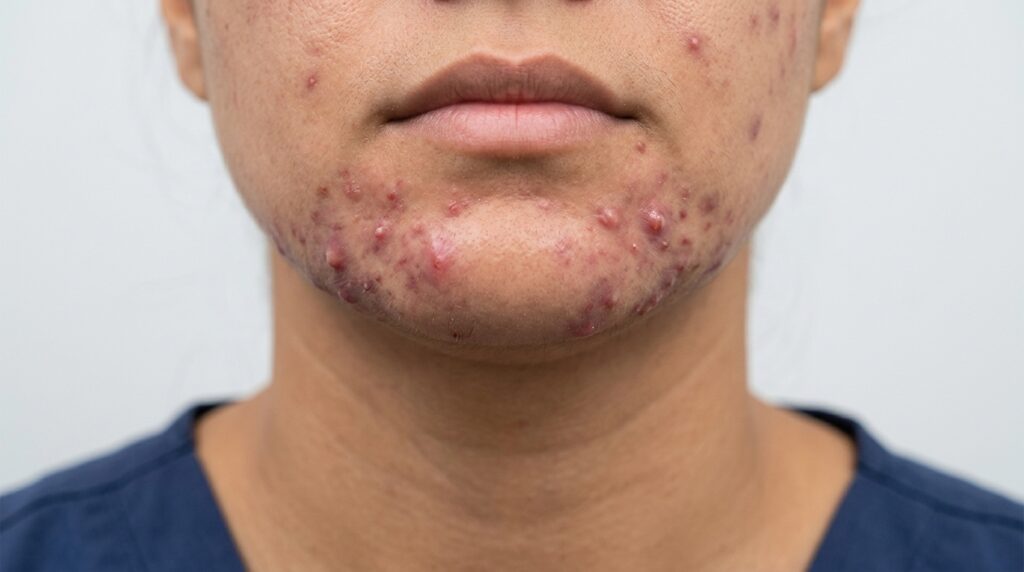 Close-up of jawline and chin showing deep hormonal acne breakout pattern treated at Skin Esthetics Clinic Romford