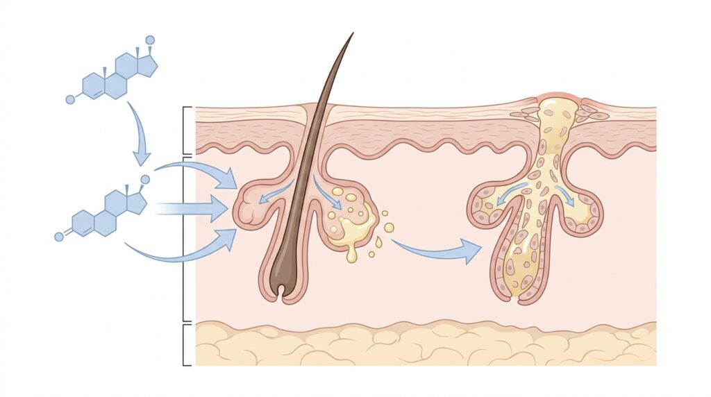 Medical illustration showing hormonal imbalance triggering excess sebum production and blocked pores causing acne