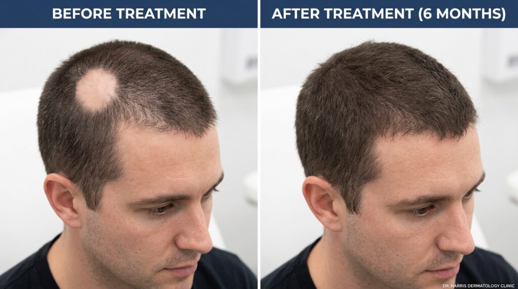 Before and after results of alopecia areata treatment in Romford showing patchy hair regrowth on male scalp