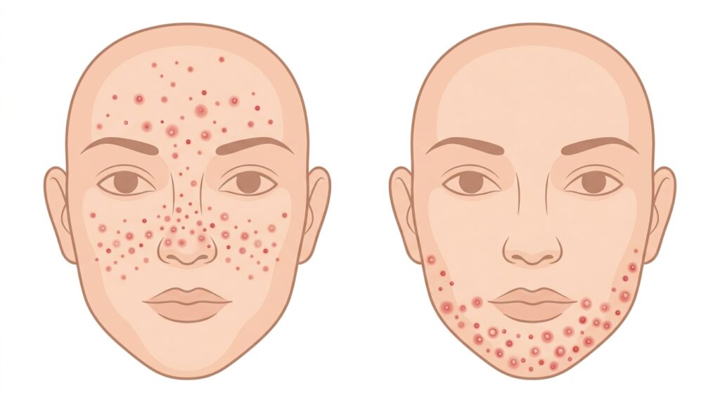 Medical illustration comparing teenage acne widespread pattern against adult acne jawline concentration treated at Skin Esthetics Clinic Romford