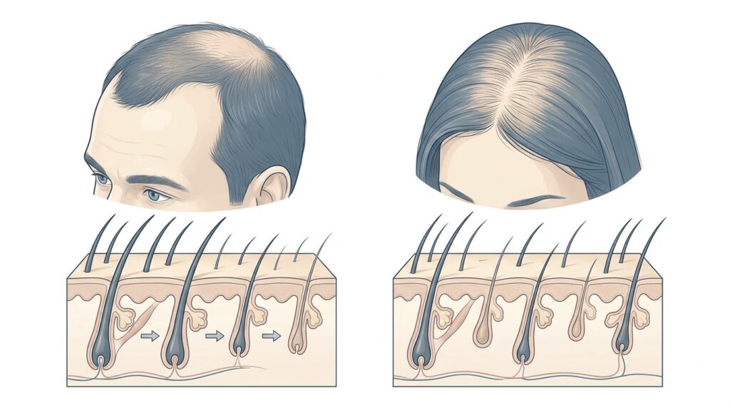 Medical illustration showing androgenetic alopecia in men and women