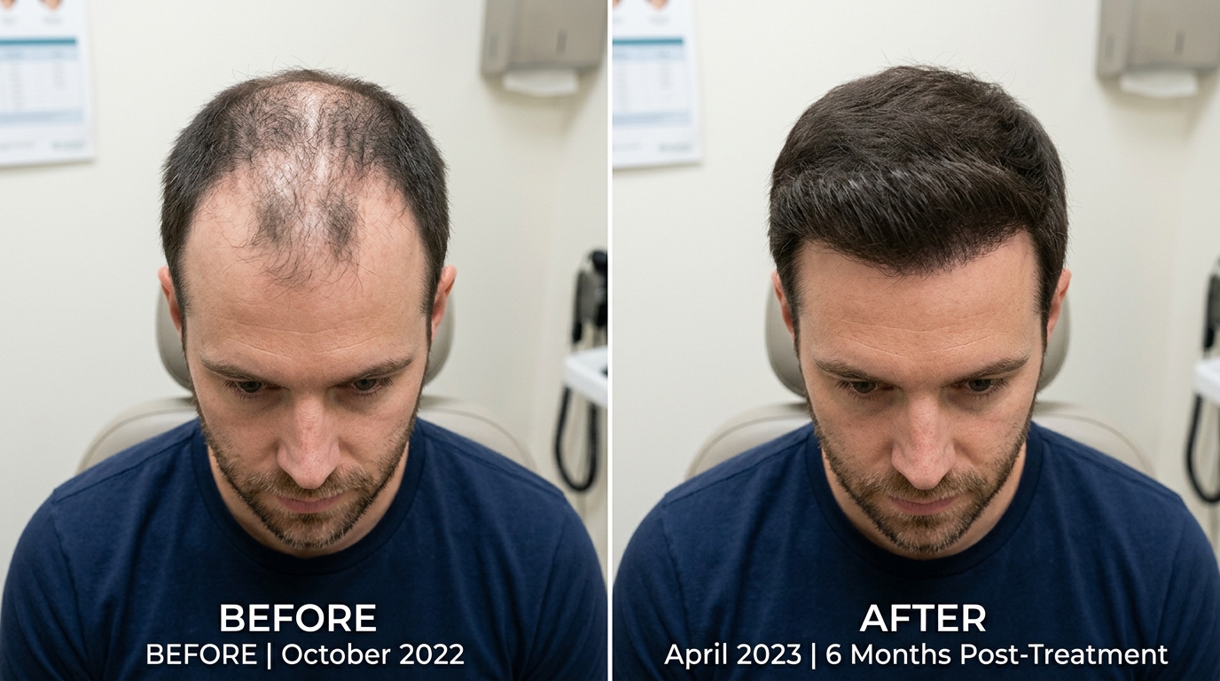 Real clinical before and after photo showing improved male crown and hairline density after hair fall treatment at Skin Esthetics Clinic Romford