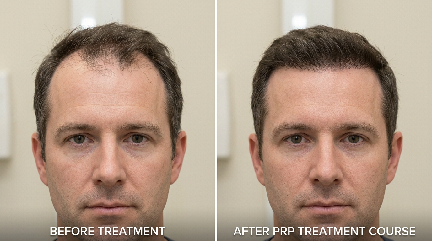 Real clinical before and after photo showing improved male hairline density after PRP hair treatment at Skin Esthetics Clinic Romford