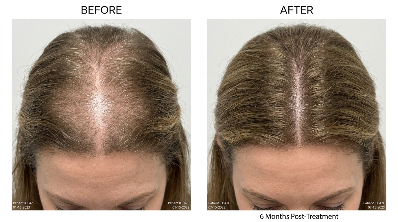 Real clinical before and after photo showing improved scalp density after postpartum hair fall treatment at Skin Esthetics Clinic Romford