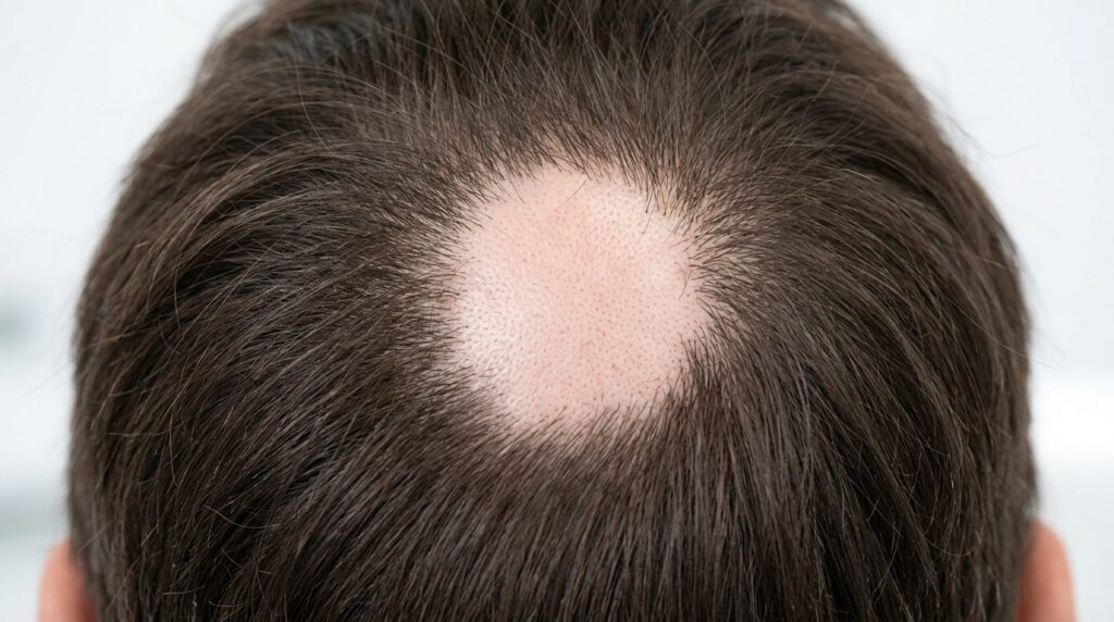 Close-up of scalp showing round patchy hair loss caused by alopecia areata treated at Skin Esthetics Clinic Romford