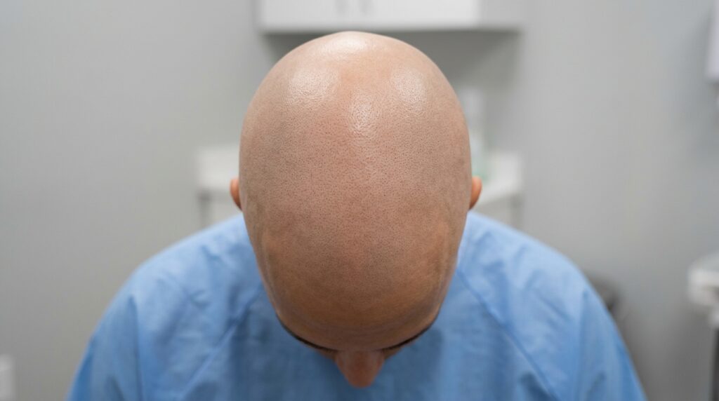 Completely smooth bald scalp showing total hair loss from alopecia totalis managed at Skin Esthetics Romford