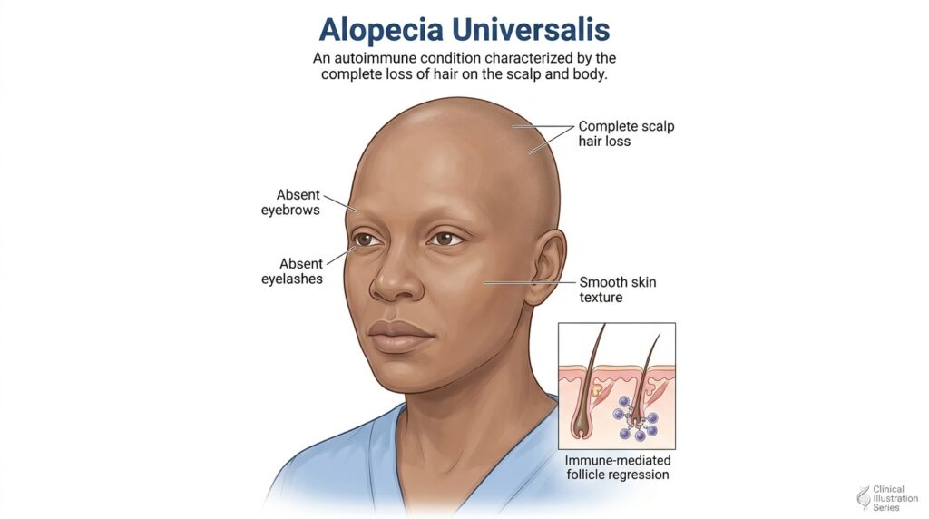 Medical illustration showing total body hair loss including scalp eyebrows and lashes from alopecia universalis in Romford