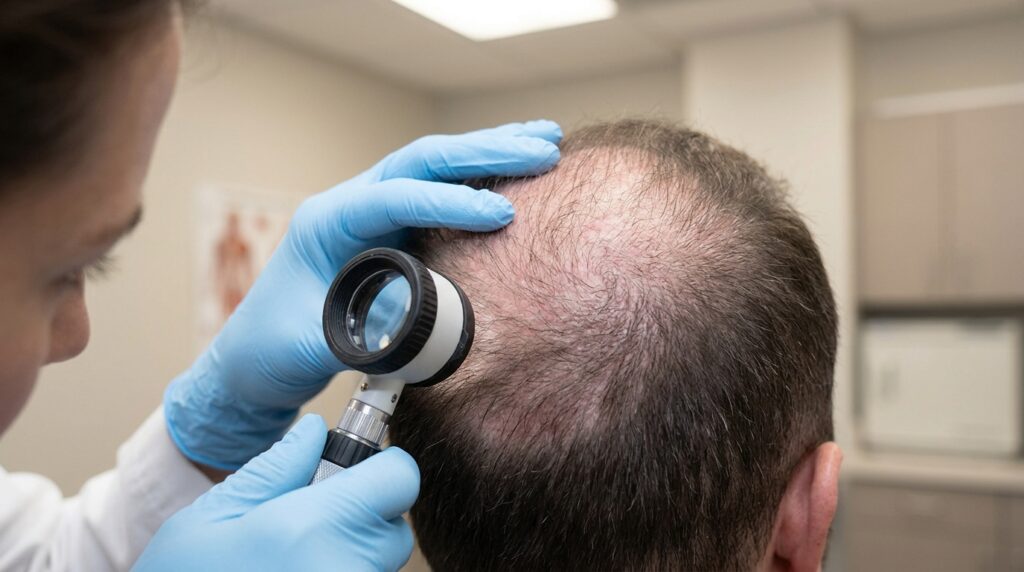 Diffuse hair loss with scalp inflammation showing widespread thinning and irritated scalp affecting hair follicles