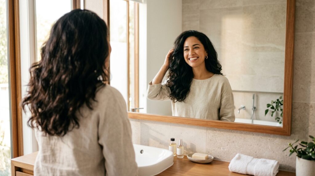 Woman smiling at her reflection showing healthy hair 
regrowth after alopecia treatment in Romford