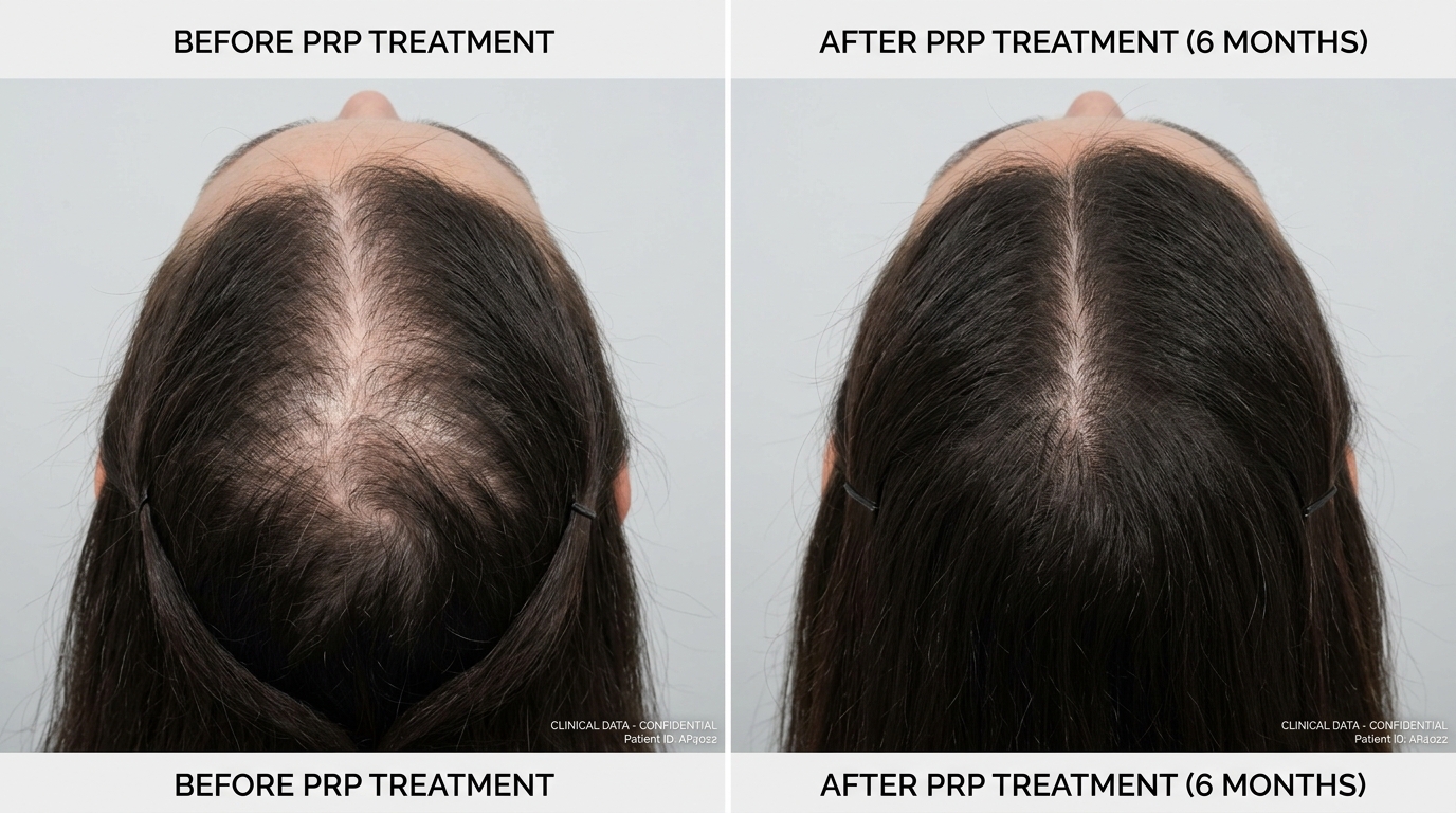 Real clinical before and after photo showing recovery from postpartum hair loss after PRP treatment at Skin Esthetics Clinic Romford