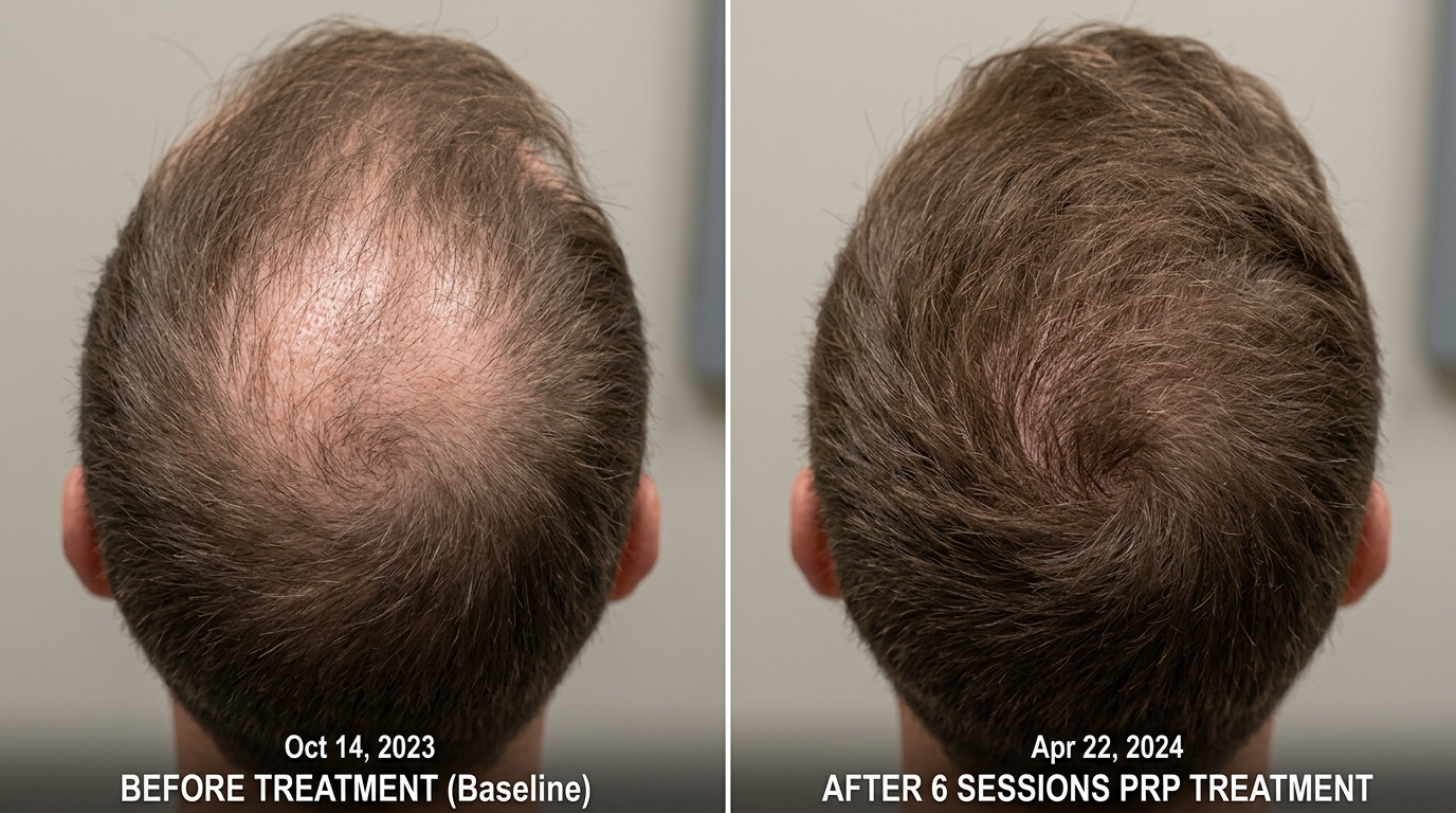 Real clinical before and after photo showing improved male crown density after PRP hair treatment at Skin Esthetics Clinic Romford